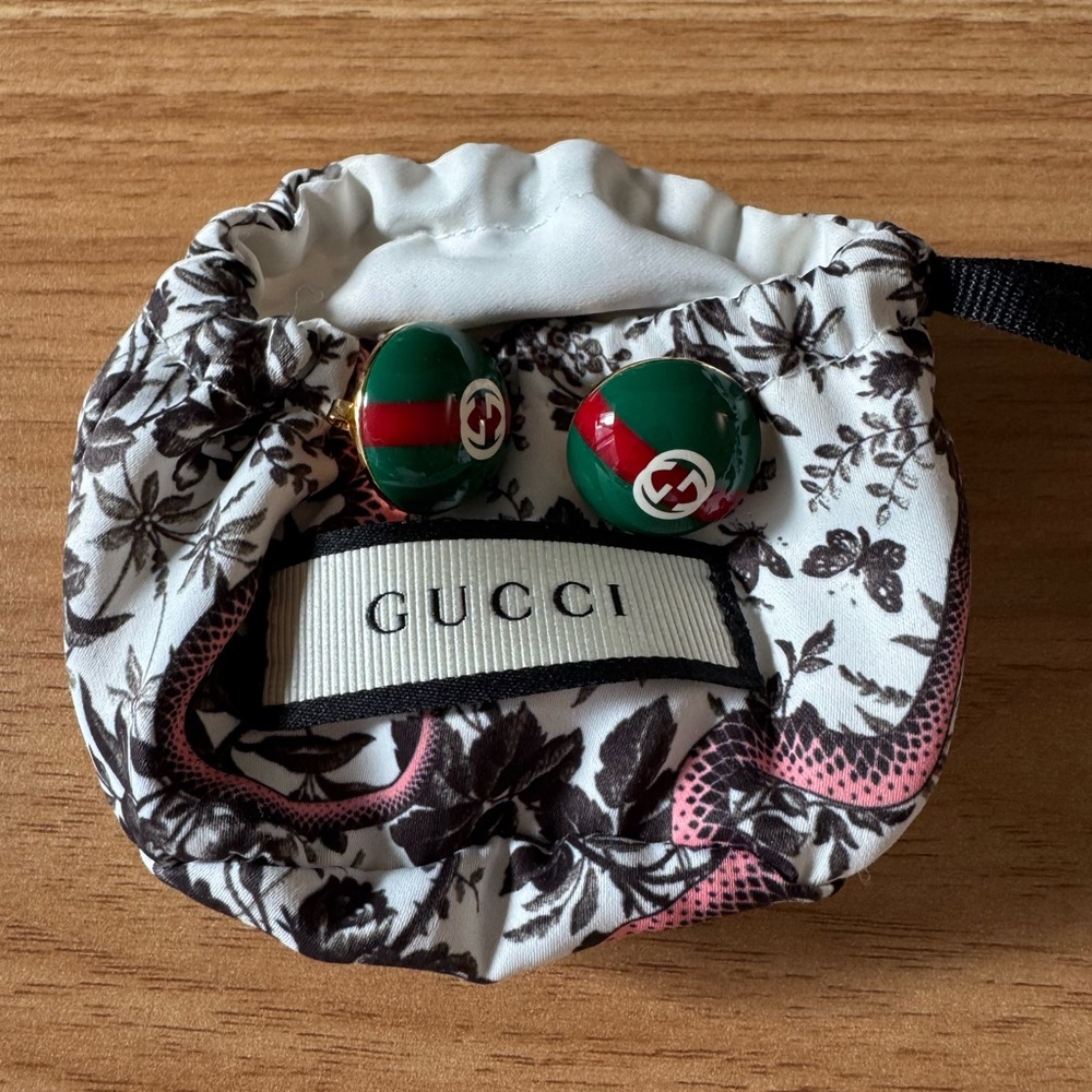 Gucci GG Web Button Stud Earrings Metal with Resin